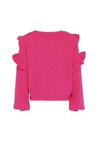 Maglione rosa lavorato a maglia con maniche lunghe, caratterizzato da dettagli arricciati sulle spalle e una texture a coste. Design con collo rotondo semplice.