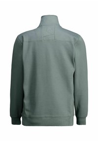 Giacca pullover grigio-verde con colletto alto, realizzata in tessuto morbido. Presenta un dettaglio di cucitura sulle spalle e orli e polsini a costine.
