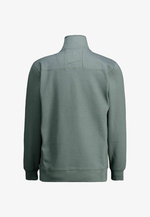 Chaqueta de pullover en gris verdoso con un alto cuello, hecha de una tela suave. Presenta un detalle de costura en los hombros y dobladillo y puños acanalados.