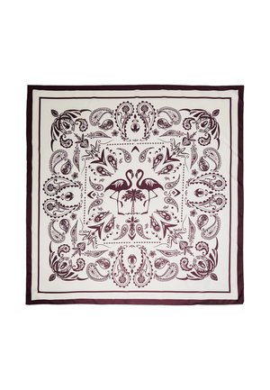 Quadratischer cremefarbener Schal mit dunkelbraunen Paisley-Mustern und zwei Flamingos, die sich gegenüberstehen rund um ein zentrales Palmenmotiv.
