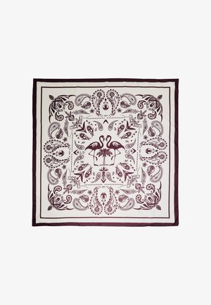 Quadratischer cremefarbener Schal mit dunkelbraunen Paisley-Mustern und zwei Flamingos, die sich gegenüberstehen rund um ein zentrales Palmenmotiv.