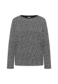 Czarna i biała bluzka z długim rękawem, wykonana z tkaniny o geometrycznym wzorze, z okrągłym dekoltem i luźnym krojem. Lekka i gładka w dotyku.