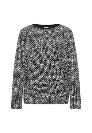 Czarna i biała bluzka z długim rękawem, wykonana z tkaniny o geometrycznym wzorze, z okrągłym dekoltem i luźnym krojem. Lekka i gładka w dotyku.