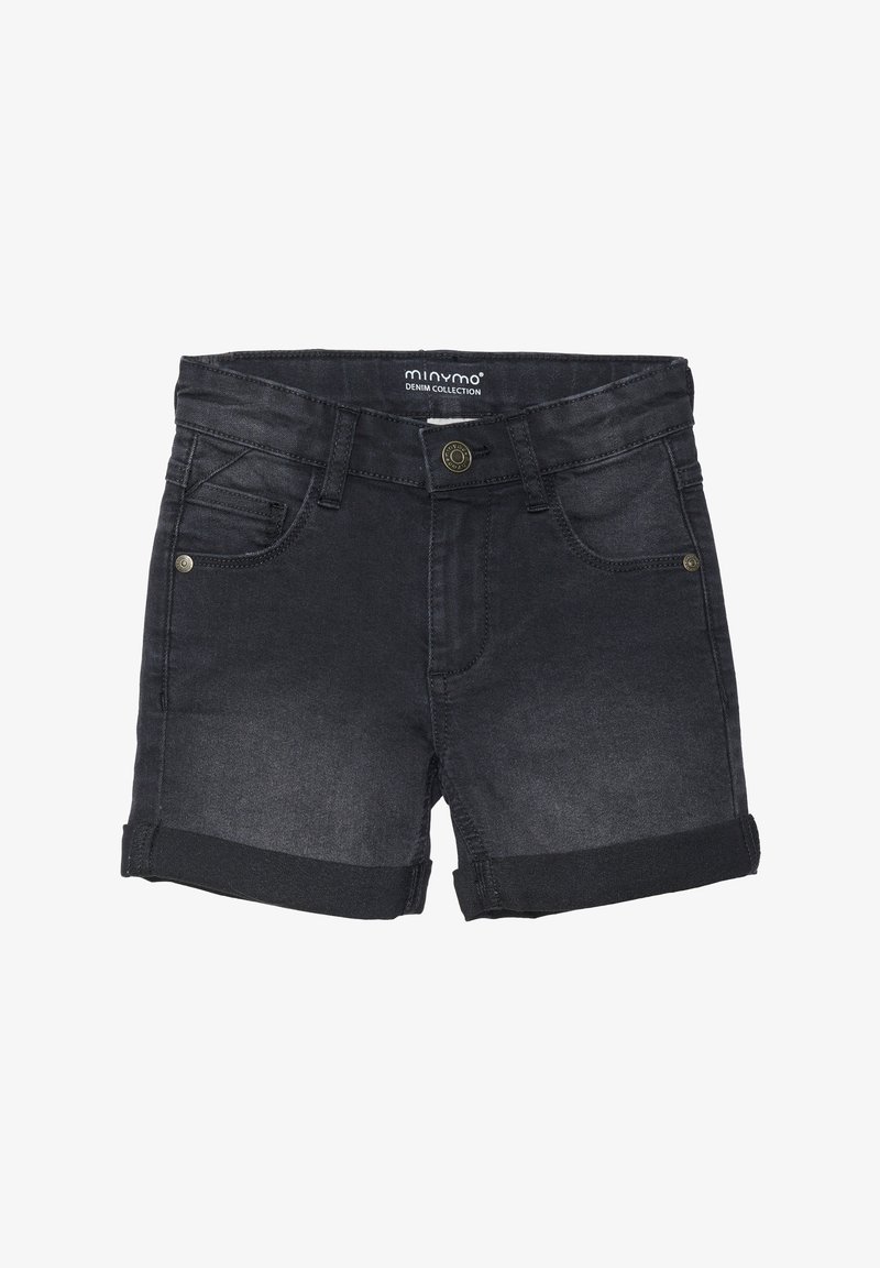 Melnas džinsu šorti ar nodilušu efektu, ar sarullētām malām, priekšējām kabatām un klasisku pogu aizdari. Izturīgs audums.