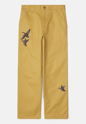 Yellow cotton trousers with embroidered duck designs in blue, green, and orange. Features two front pockets and a button waist closure.