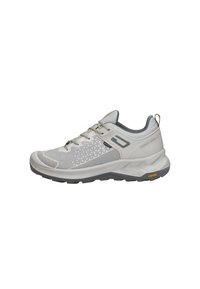Lichtgrijze sportschoen met een bovenwerk van mesh, textuurelementen en een grijze zool. Voorzien van een vetersysteem en Vibram-merk op de zool.