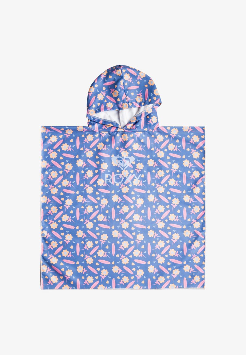 Sininen huppuponcho, jossa on pinkki ja keltainen kukka- ja surffilautakuosi, Roxy-logo keskellä rintaa.
