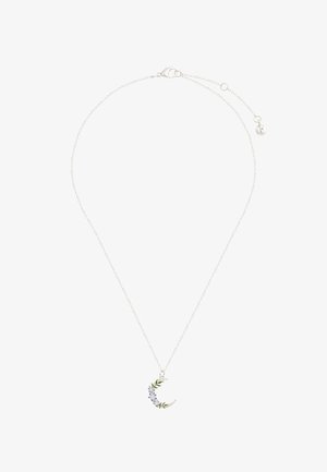 Strieborný náhrdelník s príveskom v tvare polmesiaca zdobeným malými modrými kvetmi a zelenými listami.