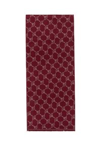 Bordeaux textiel met een geometrisch patroon van onderling verbonden vormen in lichtgrijs, met franjes en een zachte textuur.