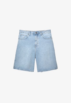 Lichtblauwe denimshorts met een losse pasvorm, een vijfzakkenontwerp en een knopen- en ritssluiting. Voorzien van stiksels en een standaard tailleband.