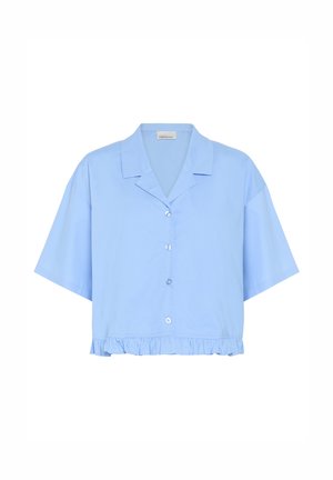 Light blue cropped shirt made of cotton; features short sleeves, a collar, front buttons, and a ruffled hem at the bottom.