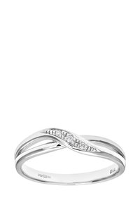 Baltojo aukso žiedas su susipynusių raštų dizainu, centrinėje dalyje yra mažų skaidrių brangakmenių eilutė, lygus paviršius, blizgi apdaila.