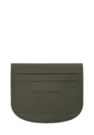 Olive green leather cardholder with rounded edges, embossed logo, and three horizontal card slots. Smooth texture with visible stitching.