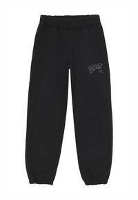 Pantaloni tuta neri in misto cotone, con vita elastica, due tasche laterali e un logo decorativo sulla coscia sinistra.
