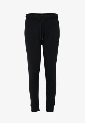 Pantalones de chándal negros de tejido suave, con una cintura elástica y cordón ajustable, tobillos acampanados y un pequeño logotipo de acento.