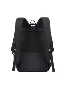 Zaino nero con schienale in rete imbottita, spallacci regolabili, tasca frontale e tessuto liscio. Design semplice, adatto a diversi utilizzi.