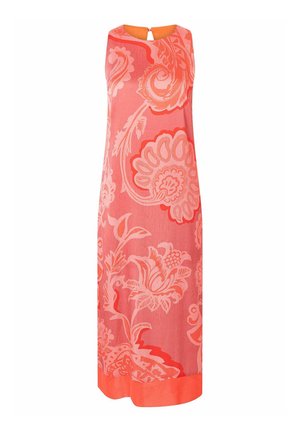 Ärmelloses Maxikleid in Korallenfarbe mit großen Blumenmustern in hellerem Rosa und einem orangefarbenen Saum, ausgestattet mit einem Rundhalsausschnitt und einem Knopfverschluss am Rücken mit kleinem Schlüsselloch.