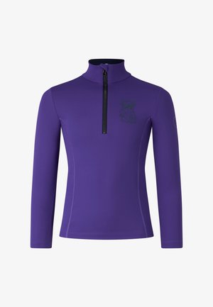 Purple long-sleeve top with a high collar, featuring a front zipper and a subtle black graphic design on the chest. Smooth, stretchy fabric.