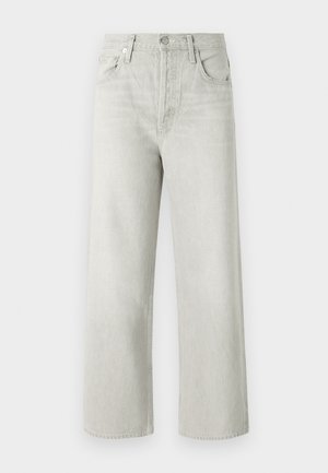 Light grey wide-leg jeans made of denim, featuring a high waist, front pockets, and a button and zipper closure.