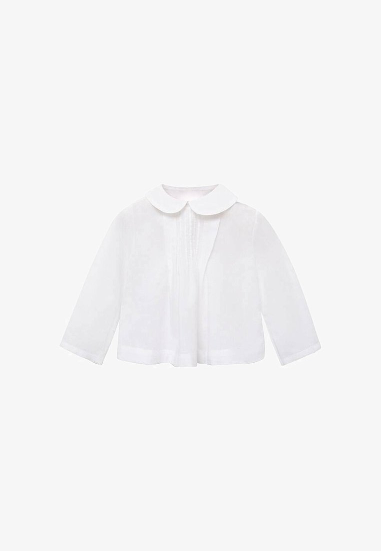 Weiße Bluse mit rundem Kragen, langen Ärmeln und Frontfalten. Hergestellt aus leichtem Stoff und bietet eine lockere, lässige Passform.