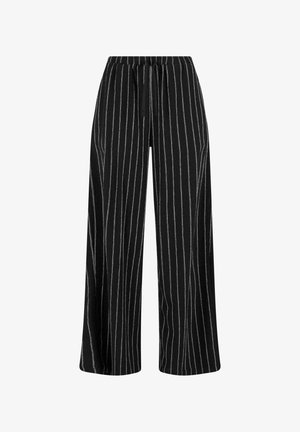 Pantaloni a gamba larga in tessuto nero con strisce verticali bianche, vita elastica con cordino e finitura testurizzata.