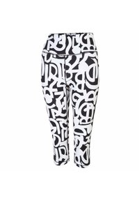 Leggings cortos en blanco y negro, confeccionados con un tejido elástico, que presentan un atrevido estampado abstracto de letras y formas en toda su superficie.