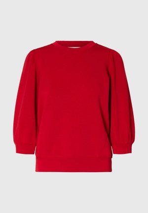 Pullover rosso a maniche lunghe con maniche a sbuffo, scollo a girocollo e polsini e vita aderenti, esposto su uno sfondo grigio chiaro.