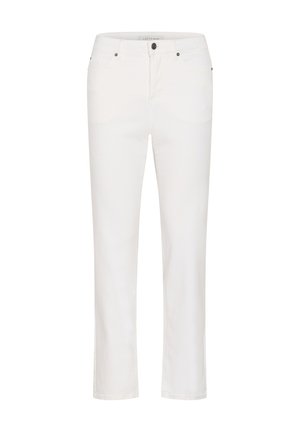 Biele rifle z džínoviny s rovnými nohavicami, zapínaním na predné gombíky a zips, očkami na opasok a dizajnom s piatimi vreckami, zobrazené na jednoduchom pozadí.