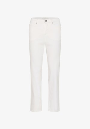 Vaqueros blancos de pierna recta con cierre frontal de botón y cremallera, trabillas para cinturón y diseño de cinco bolsillos, mostrados sobre un fondo liso.