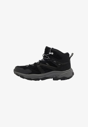 Black hiking boots with a mix of suede and mesh materials, featuring gray rubber soles, metallic laces, and a mid-top design.