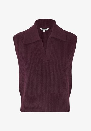 Bordo bežisluoksnis megztinis su grioveliu, turintis apykaklę ir laisvą siluetą, pagamintas iš švelnios, šiltos medžiagos.