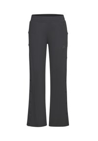 Black athletic pants with an elastic waistband, side pockets, and buttons down the outer legs. Made from a smooth, stretchy fabric.