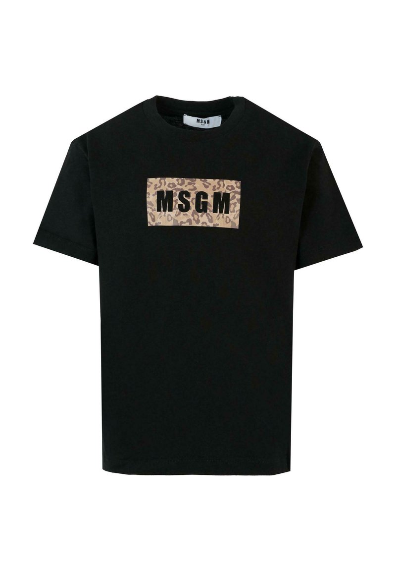 Czarna koszulka bawełniana z prostokątną łatą w cętkowany wzór lamparta i napisem "MSGM" dużymi czarnymi literami. Krótkie rękawy i okrągły dekolt.