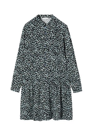 Juoda suknelė ilgomis rankovėmis, su sagų uždarymu, kuri turi šviesiai mėlyną ir baltą taškuotą raštą, pabrėžtą liemenį ir platų sijoną.