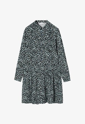 Vestido negro con mangas largas, cierre de botones, con un estampado de manchas en azul claro y blanco, cintura fruncida y falda acampanada.