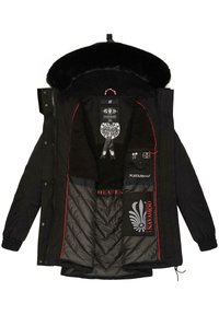 Black winter jacket with faux fur-lined hood, red accent stitching, quilted interior, multiple pockets, and decorative logo details.