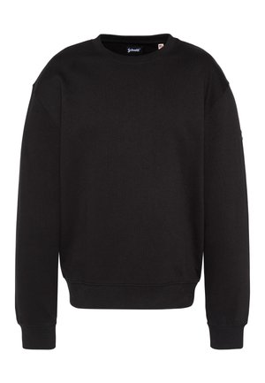 Felpa nera in cotone con scollo rotondo, polsini e orlo a costine, con un logo discreto sulla manica sinistra e una texture liscia.