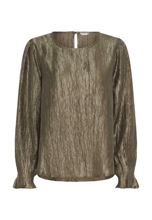 Langarmige olijfgroene metallic textuur blouse met ronde halslijn en een sleutelgat met knoopsluiting aan de achterkant.