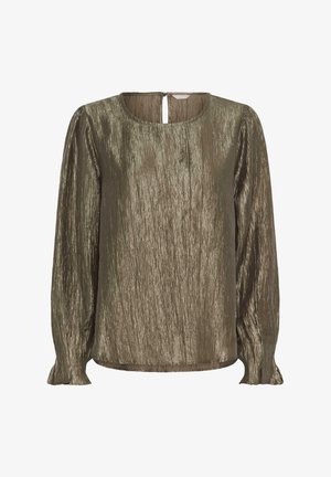 Blouse à manches longues en vert olive métallisé avec un col rond et une ouverture au dos avec bouton.