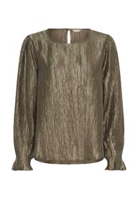 Blusa verde oliva metallica a maniche lunghe con scollatura rotonda e chiusura a bottone a chiave nella parte posteriore.