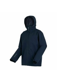 Veste imperméable bleu marine avec capuche, fermeture éclair avant et poignets ajustables, présentée sur un fond blanc.