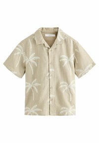 Camicetta a maniche corte in lino beige con ricamo di palme bianche, dotata di colletto a punta e chiusura frontale con bottoni.