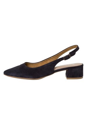 Sort ruskinds slingback-sko med spids tå, lav blokhæl og justerbar rem; har en udskæring ved hælen for bedre åndbarhed.