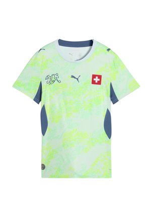 Maglia sportiva verde chiaro e bianca con pannelli laterali blu scuro, logo Puma, bandiera svizzera ed emblema dell'associazione calcistica svizzera sul petto.