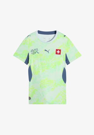 Maillot de sport vert clair et blanc avec des panneaux latéraux bleu foncé, logo Puma, drapeau suisse et emblème de l'association suisse de football sur la poitrine.