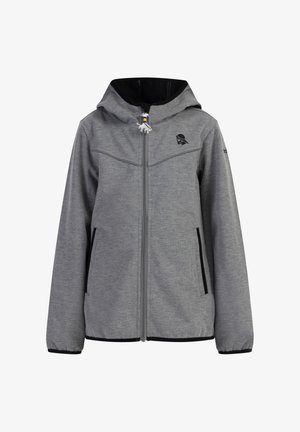 Szürke zipzáras dzseki kapucnival, fekete kiegészítőkkel, logóval a mellkason és két oldalsó zsebbel. Sima anyagtextúra.