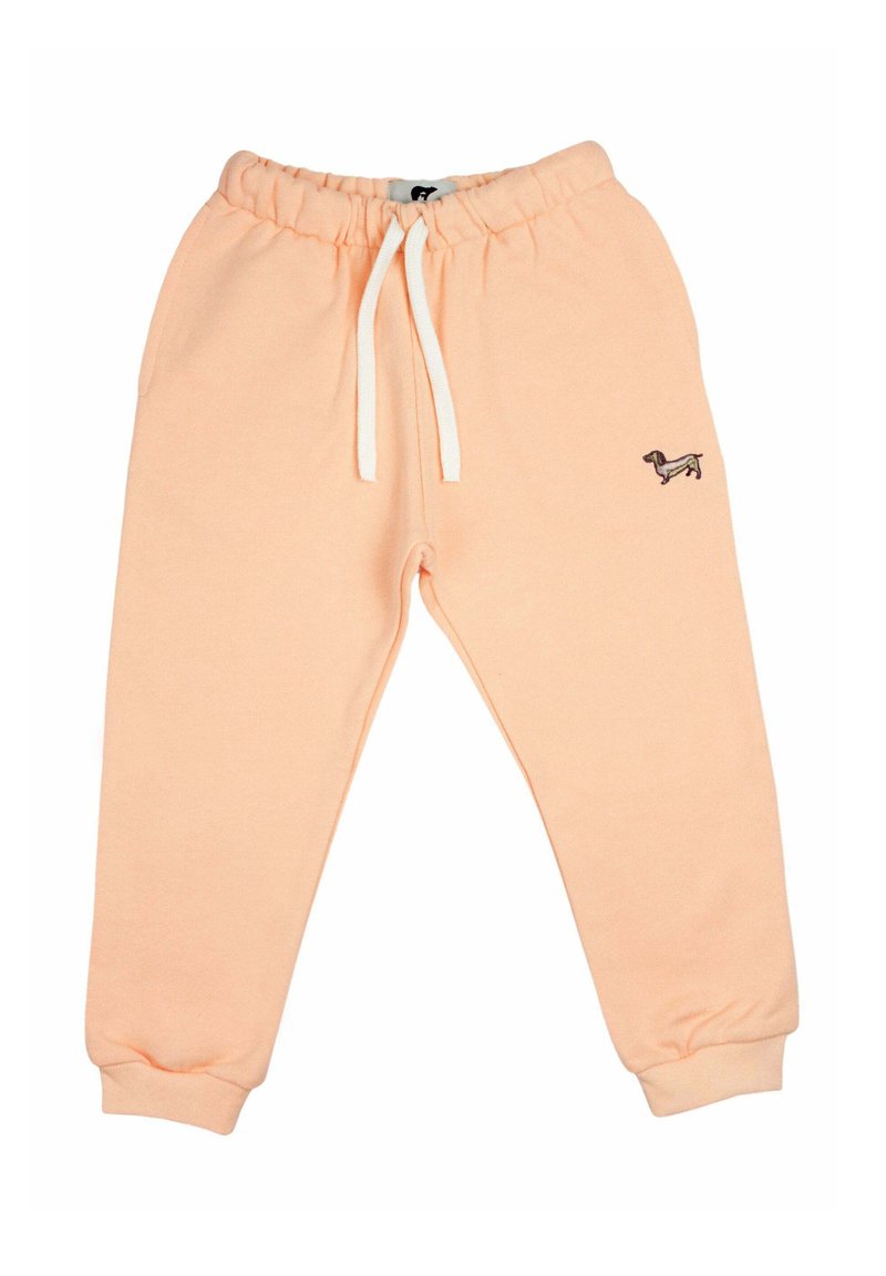 Licht perzikkleurige joggingbroek van zachte stof, met een elastische tailleband en een trekkoord, en boorden bij de enkels. Kleine hondenborduring.