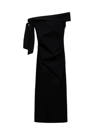 Black off-shoulder dress featuring tied accents, textured fabric with draping, and a straight silhouette. Elegant and form-fitting design.