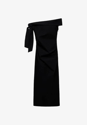 Czarna sukienka bez ramion z wiązanymi akcentami, teksturowanym materiałem i drapowaniem oraz prostym krojem. Elegancki i dopasowany krój.