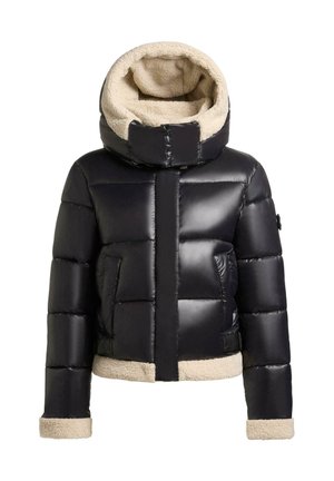 Giubbotto bomber nero con cappuccio in pelliccia sintetica beige sfoderato di peluche. Presenta pannelli trapuntati, tasche laterali e una silhouette accorciata.